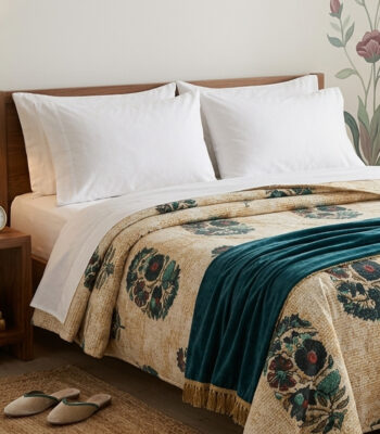 Jaipuri pure cotton double bed dohar with beige floral medallion print and tassel border on a white bed in a boho bedroom