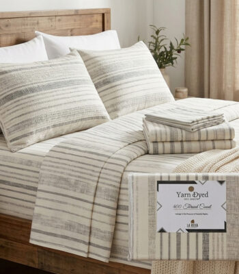 Yarn dyed bedsheet set in cream beige and grey stripe pattern with 400 thread count and matching pillowcases by La Reva in a rustic modern bedroom