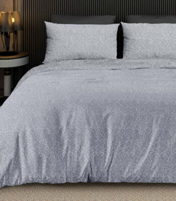 Brocade bedsheet in silver grey with elegant white floral vine pattern and matching pillowcases on a king bed in a modern dark bedroom