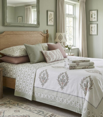 Jaipuri bedsheet in white with sage green and pink Mughal floral block print and matching pillowcases on a king bed